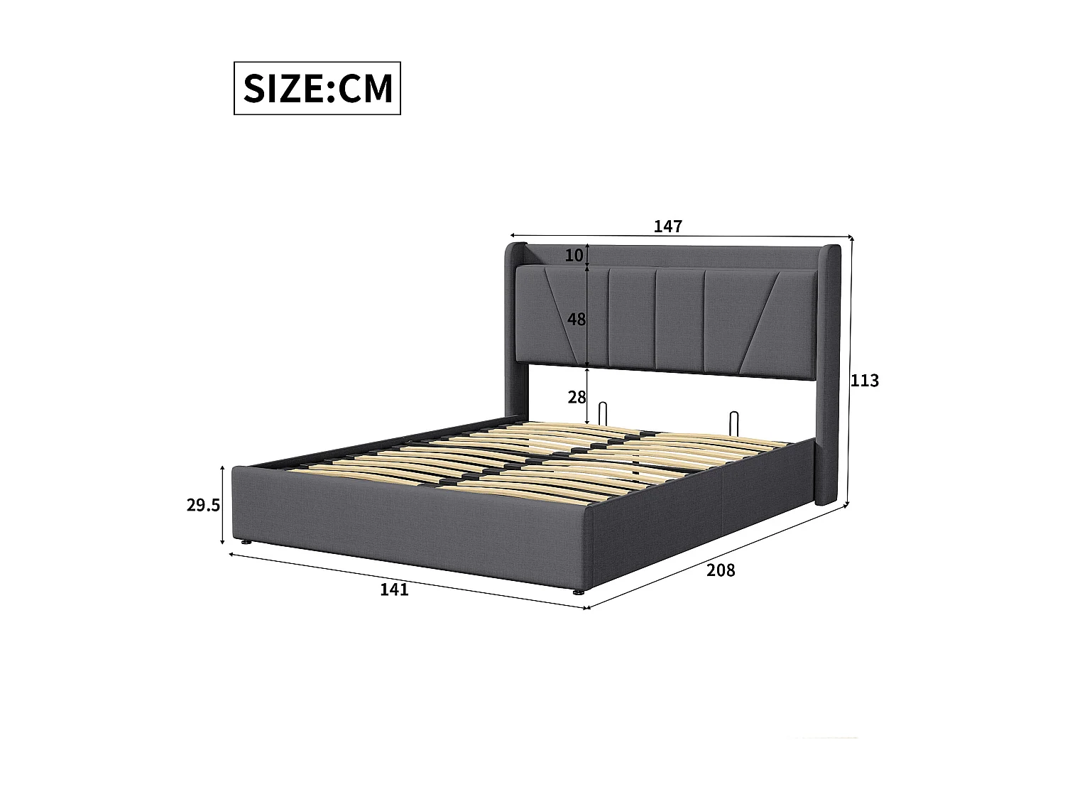 Lit coffre 140x190 avec sommier, lit 140x190 avec rangement, USB et type C, Lignes simples, Lin, gris