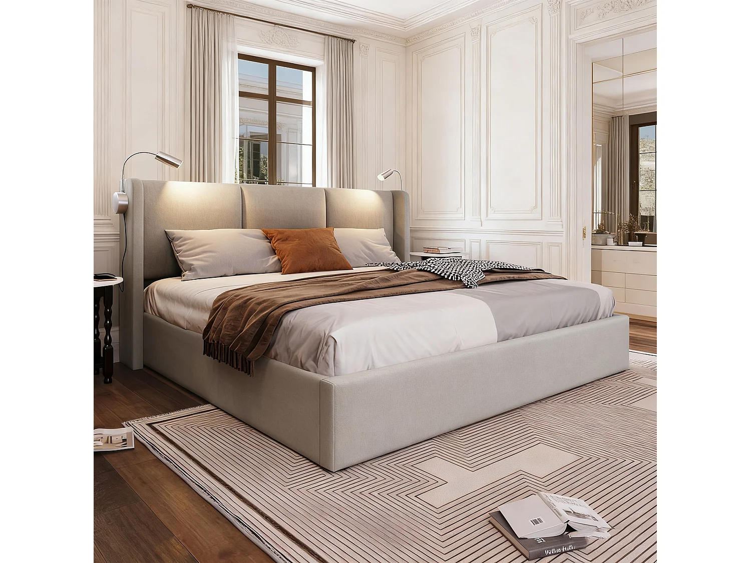 Lit coffre 160x200 cm, Avec lampe de lecture, fonction de charge, rangement hydraulique, cadre de lit 160x200 cm, Lin beige