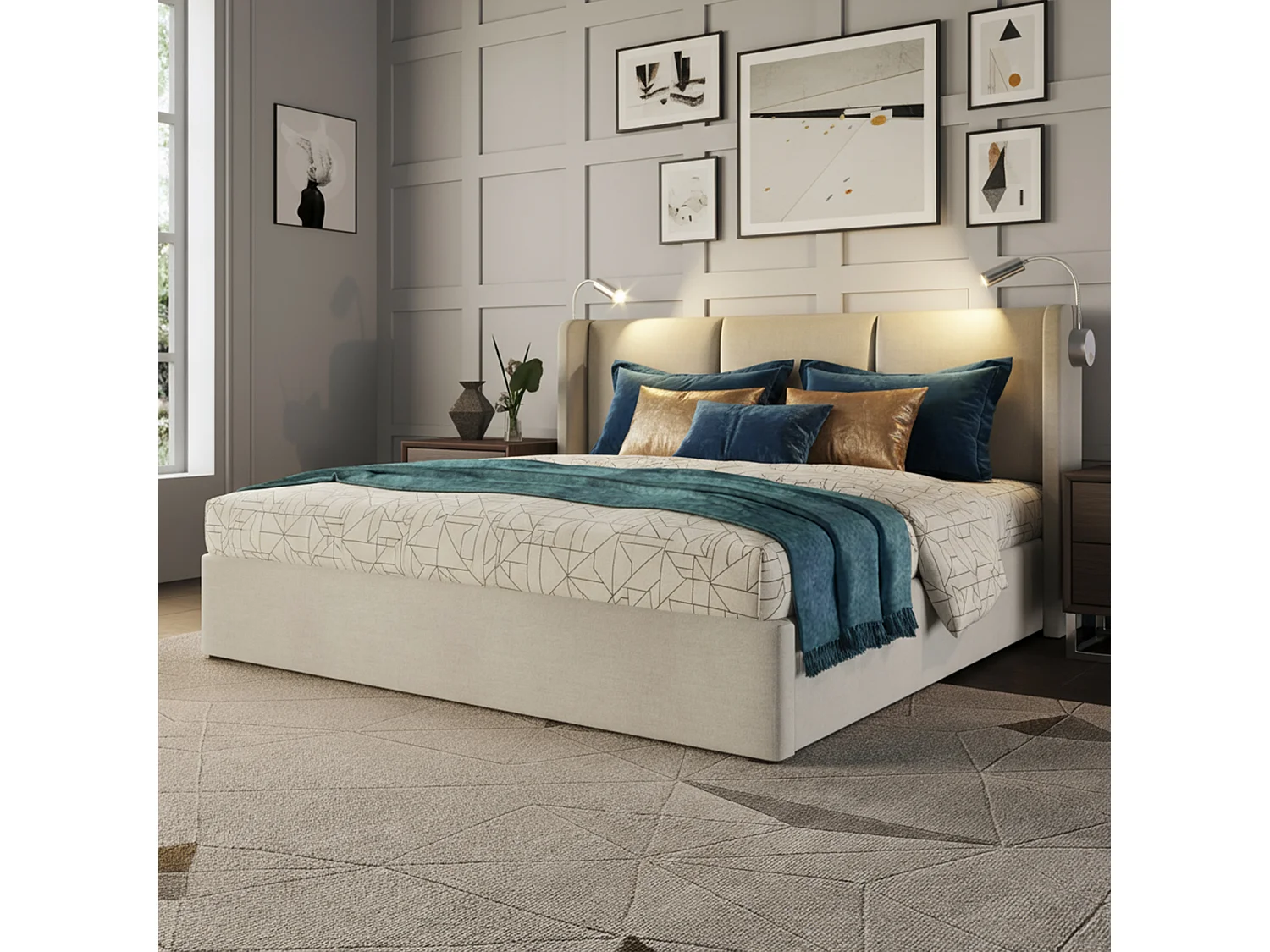 Lit coffre 160x200 cm, Avec lampe de lecture, fonction de charge, rangement hydraulique, cadre de lit 160x200 cm, Lin beige