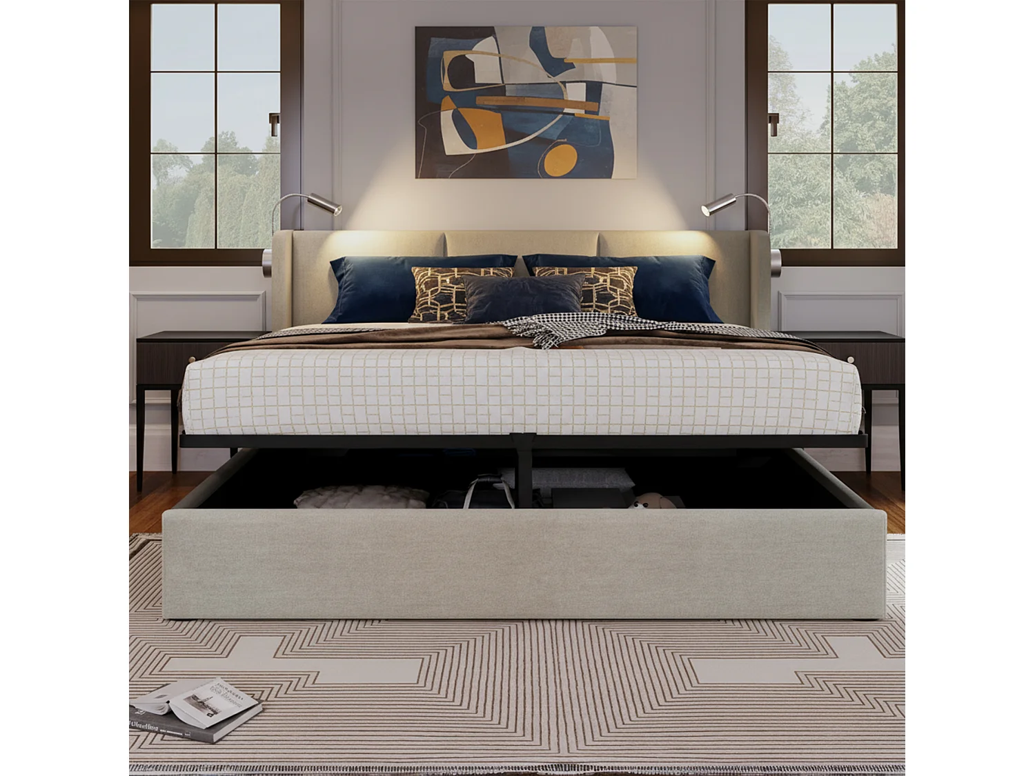 Lit coffre 160x200 cm, Avec lampe de lecture, fonction de charge, rangement hydraulique, cadre de lit 160x200 cm, Lin beige