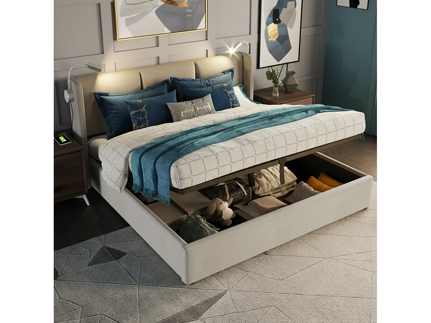 Lit coffre 160x200 cm, Avec lampe de lecture, fonction de charge, rangement hydraulique, cadre de lit 160x200 cm, Lin beige