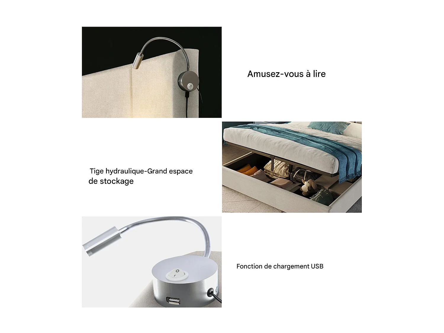 Lit coffre 160x200 cm, Avec lampe de lecture, fonction de charge, rangement hydraulique, cadre de lit 160x200 cm, Lin beige