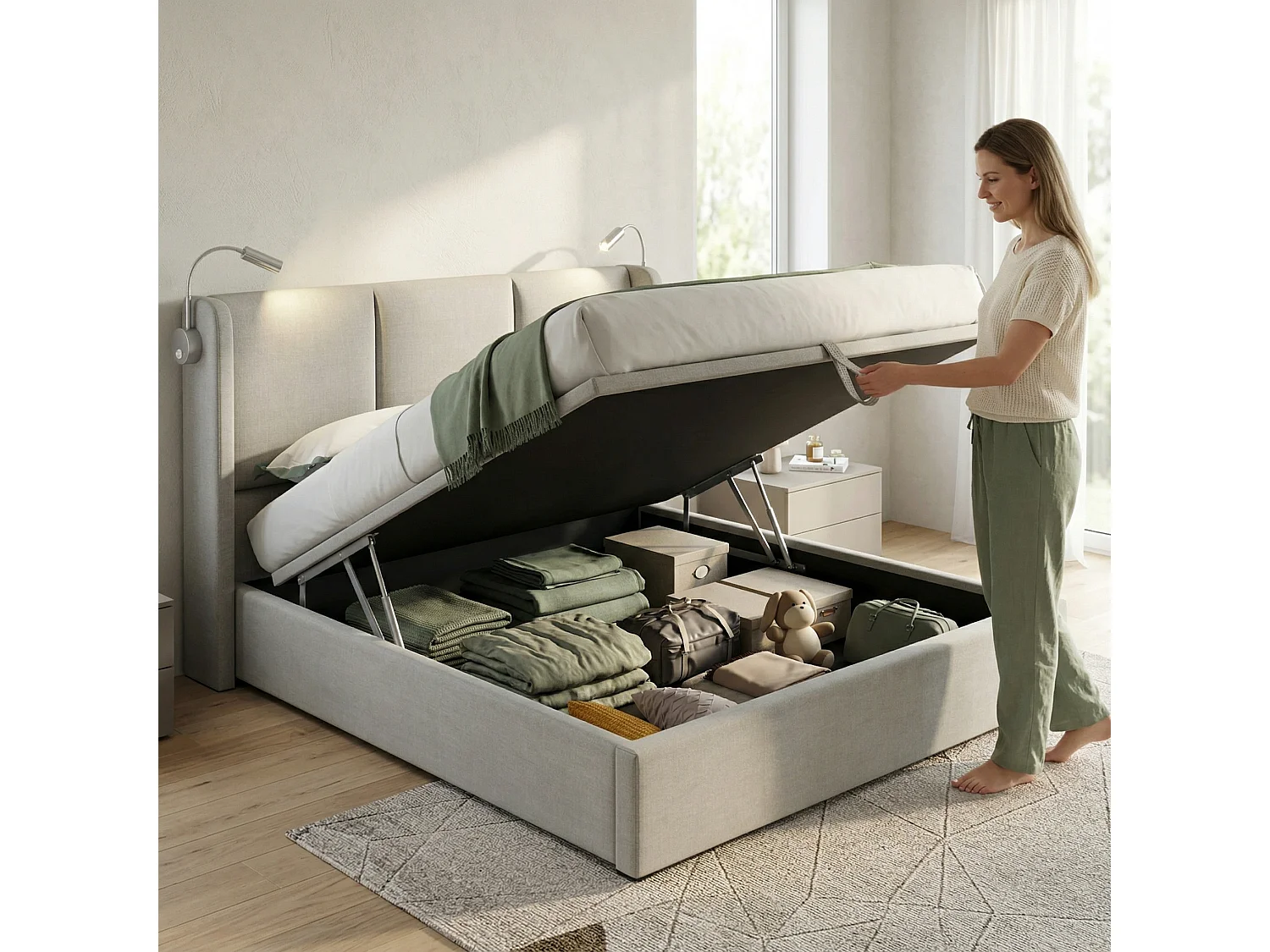 Lit coffre 160x200 cm avec sommier à lattes, lampe de lecture et fonction de charge, lit adulte en lin beige