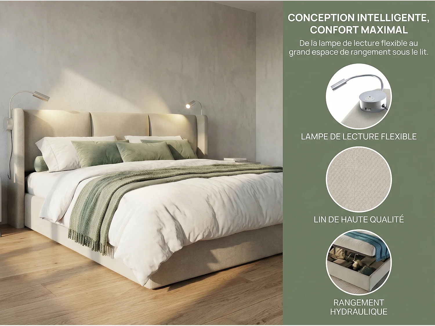 Lit coffre 160x200 cm avec sommier à lattes, lampe de lecture et fonction de charge, lit adulte en lin beige