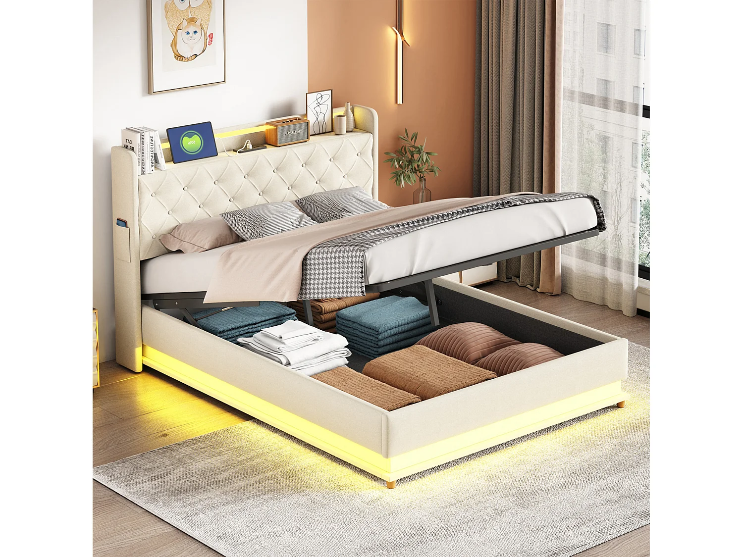 Lit 140x190 CM - NEXU - avec LED et USB - Lit Coffre avec Rangement et Tete de Lit - 2 Personnes - Beige