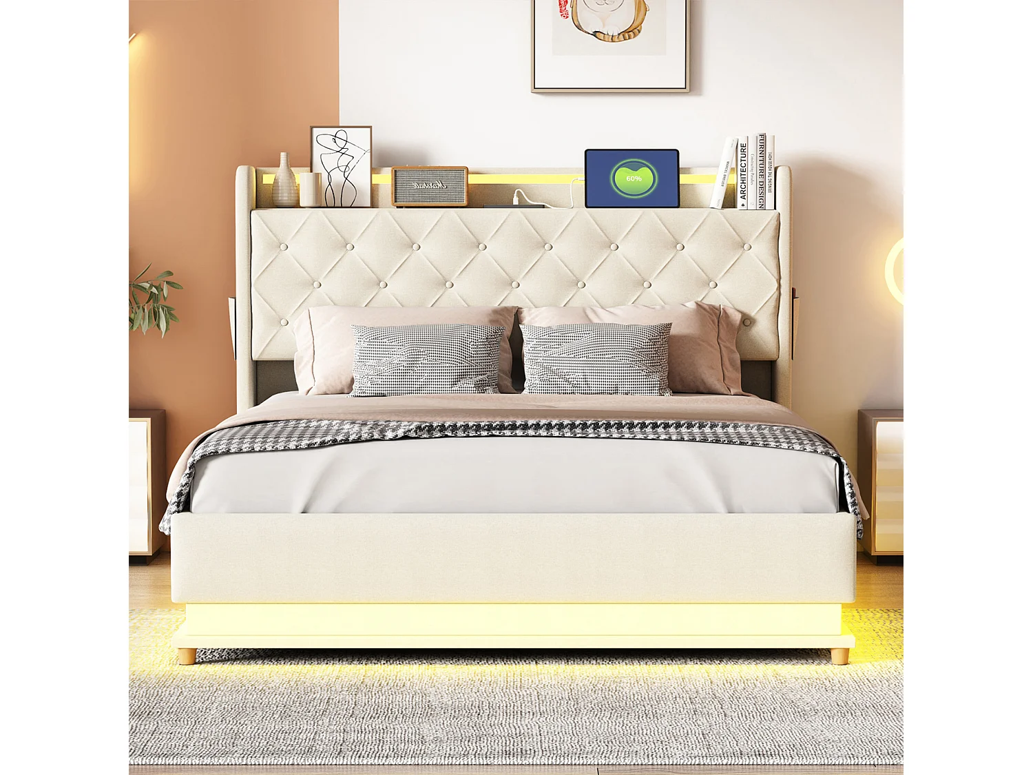 Lit 140x190 CM - NEXU - avec LED et USB - Lit Coffre avec Rangement et Tete de Lit - 2 Personnes - Beige