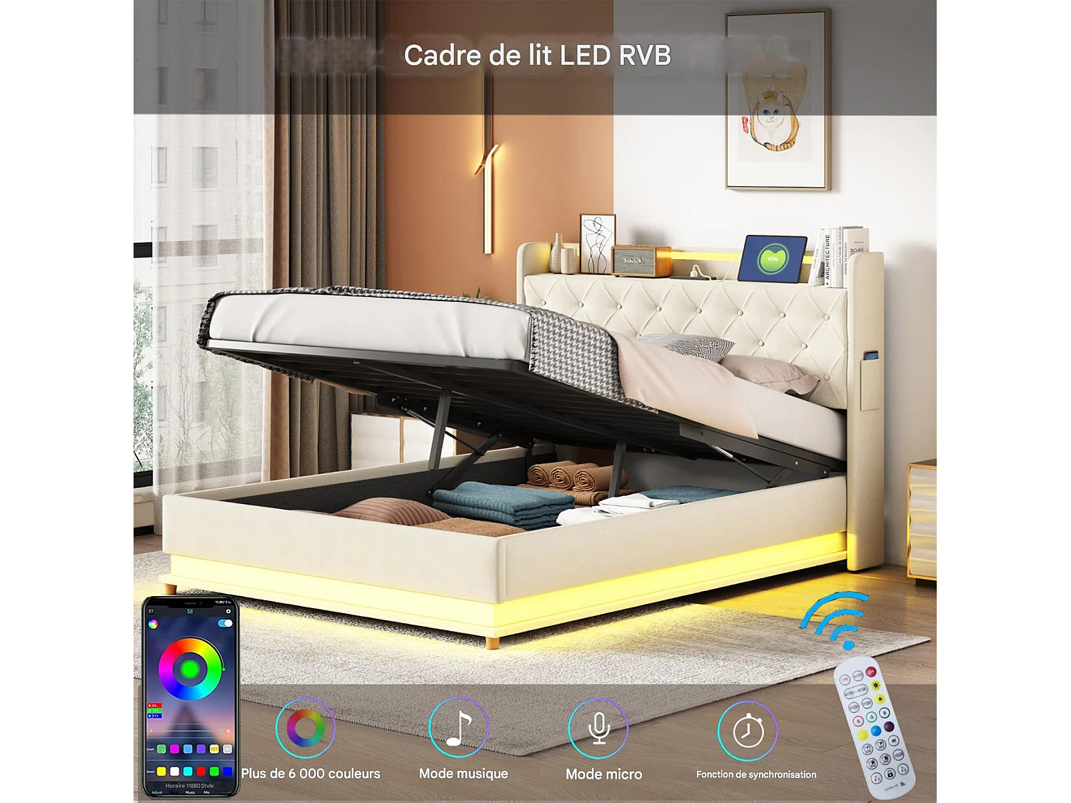 Lit 140x190 CM - NEXU - avec LED et USB - Lit Coffre avec Rangement et Tete de Lit - 2 Personnes - Beige