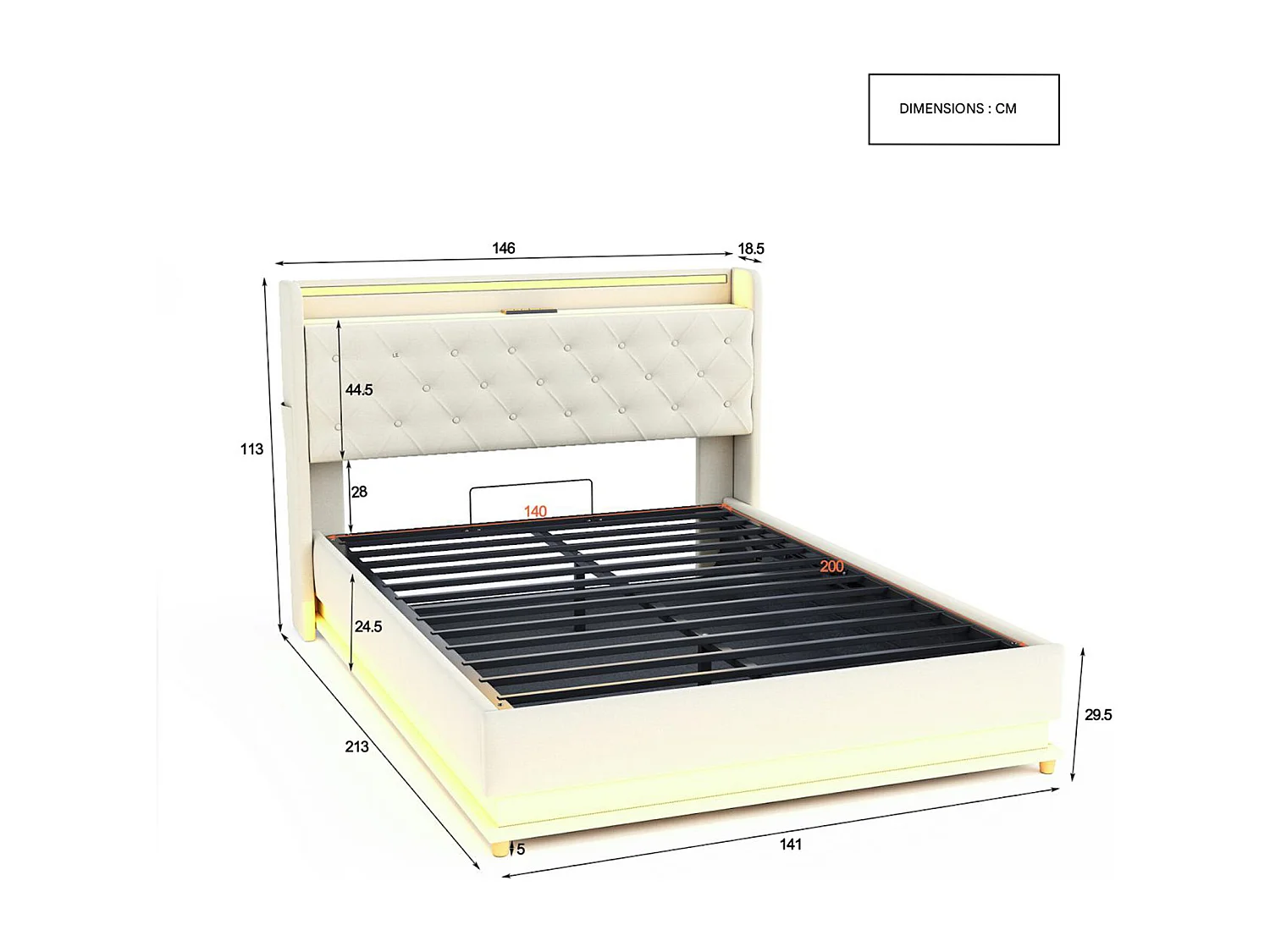 Lit 140x190 CM - NEXU - avec LED et USB - Lit Coffre avec Rangement et Tete de Lit - 2 Personnes - Beige