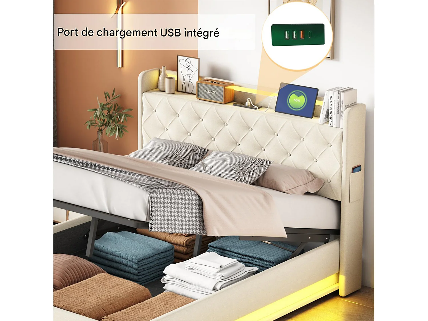 Lit 140x190 CM - NEXU - avec LED et USB - Lit Coffre avec Rangement et Tete de Lit - 2 Personnes - Beige
