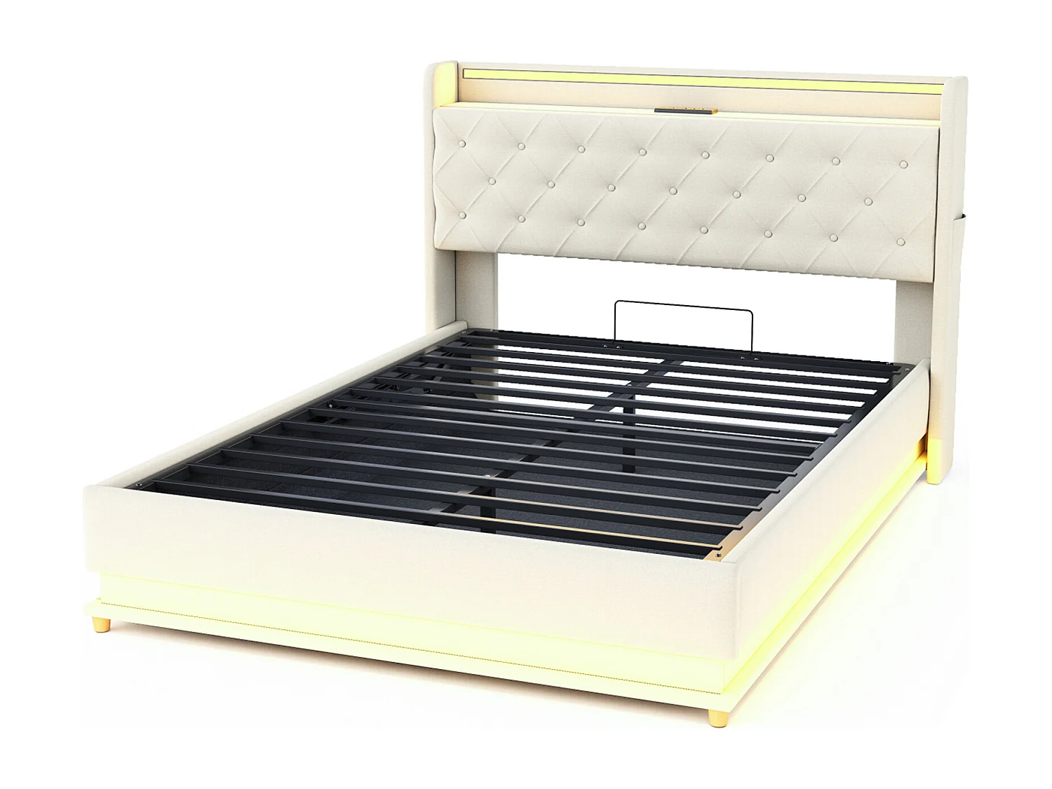 Lit 140x190 CM - NEXU - avec LED et USB - Lit Coffre avec Rangement et Tete de Lit - 2 Personnes - Beige