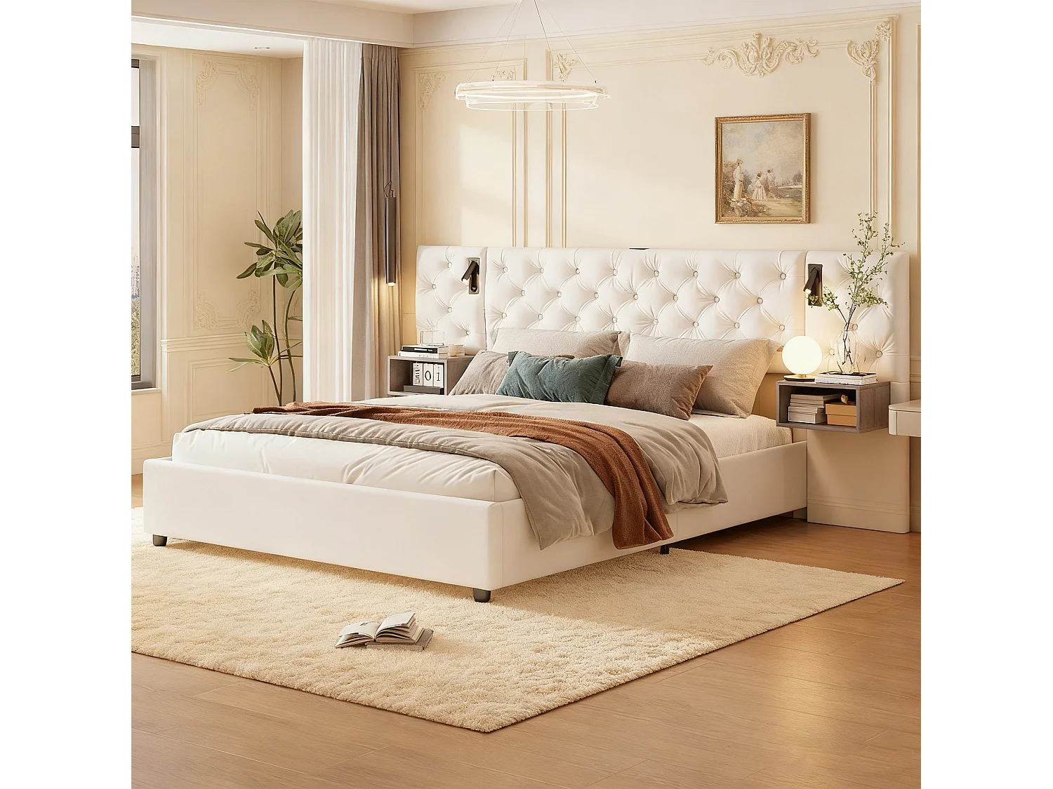 Opbergbed 140x190 - NEXU - Gebroken wit fluweel - Nachtlampje - USB- en Type-C-poorten - 2 personen