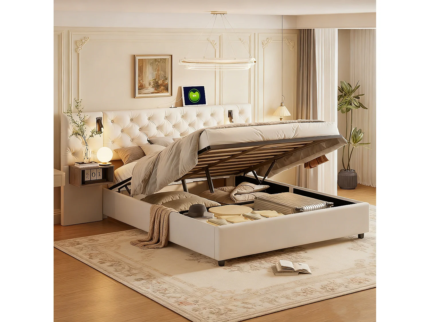 Opbergbed 140x190 - NEXU - Gebroken wit fluweel - Nachtlampje - USB- en Type-C-poorten - 2 personen