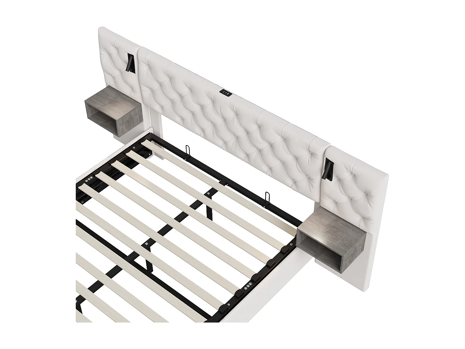 Opbergbed 140x190 - NEXU - Gebroken wit fluweel - Nachtlampje - USB- en Type-C-poorten - 2 personen