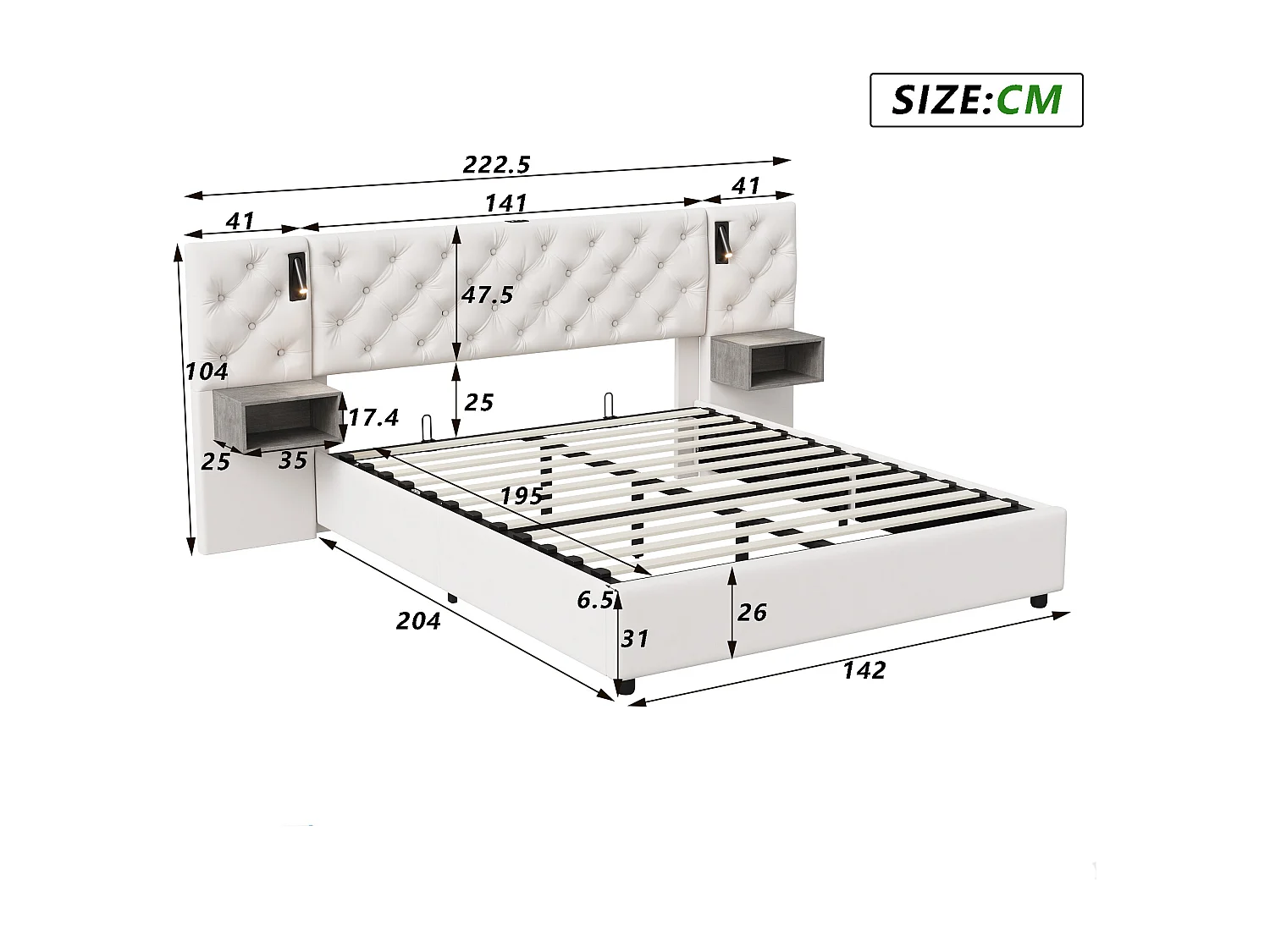 Opbergbed 140x190 - NEXU - Gebroken wit fluweel - Nachtlampje - USB- en Type-C-poorten - 2 personen