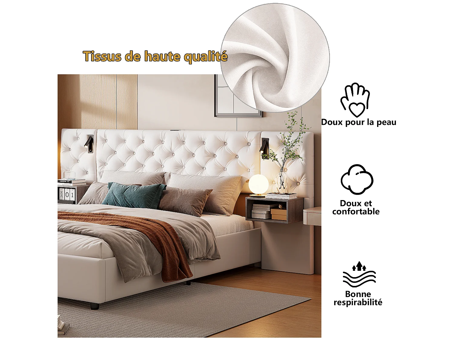 Lit coffre 2 places 140 x 190 cm avec lampes de chevet, ports USB et Type-C, sommier à lattes, velours blanc cassé - NEXU