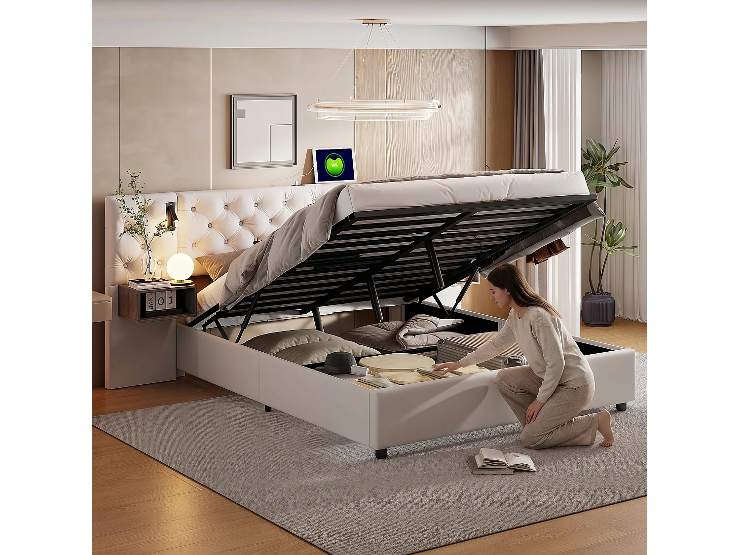 Lit coffre 2 places 140 x 190 cm avec lampes de chevet, ports USB et Type-C, sommier à lattes, velours blanc cassé - NEXU