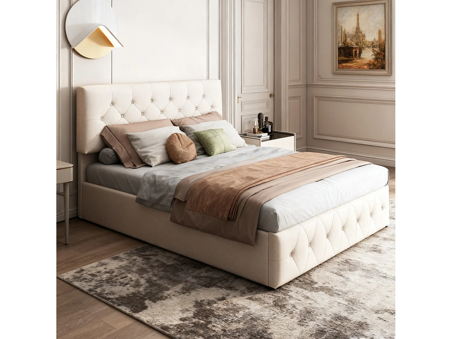 Lit coffre 140x190 - NEXU - Velours blanc cassé - Tête de lit réglable - Cadre de Lit avec Sommier à Lattes en Bois - 2 places