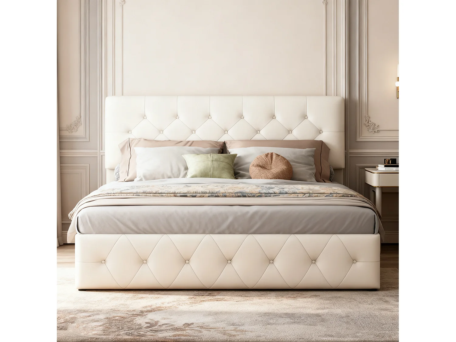 Lit coffre 140x190 - NEXU - Velours blanc cassé - Tête de lit réglable - Cadre de Lit avec Sommier à Lattes en Bois - 2 places