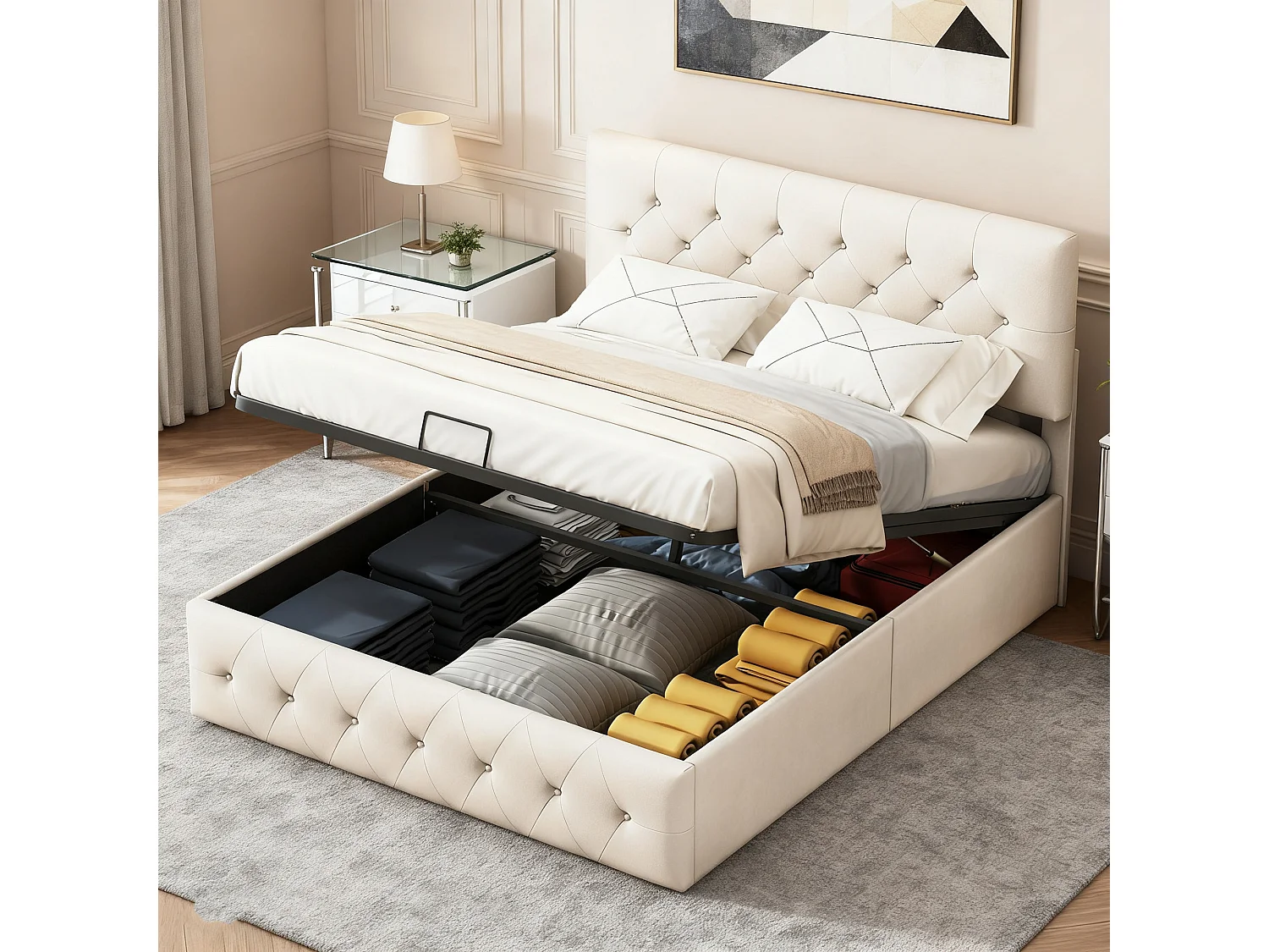 Lit coffre 140x190 - NEXU - Velours blanc cassé - Tête de lit réglable - Cadre de Lit avec Sommier à Lattes en Bois - 2 places