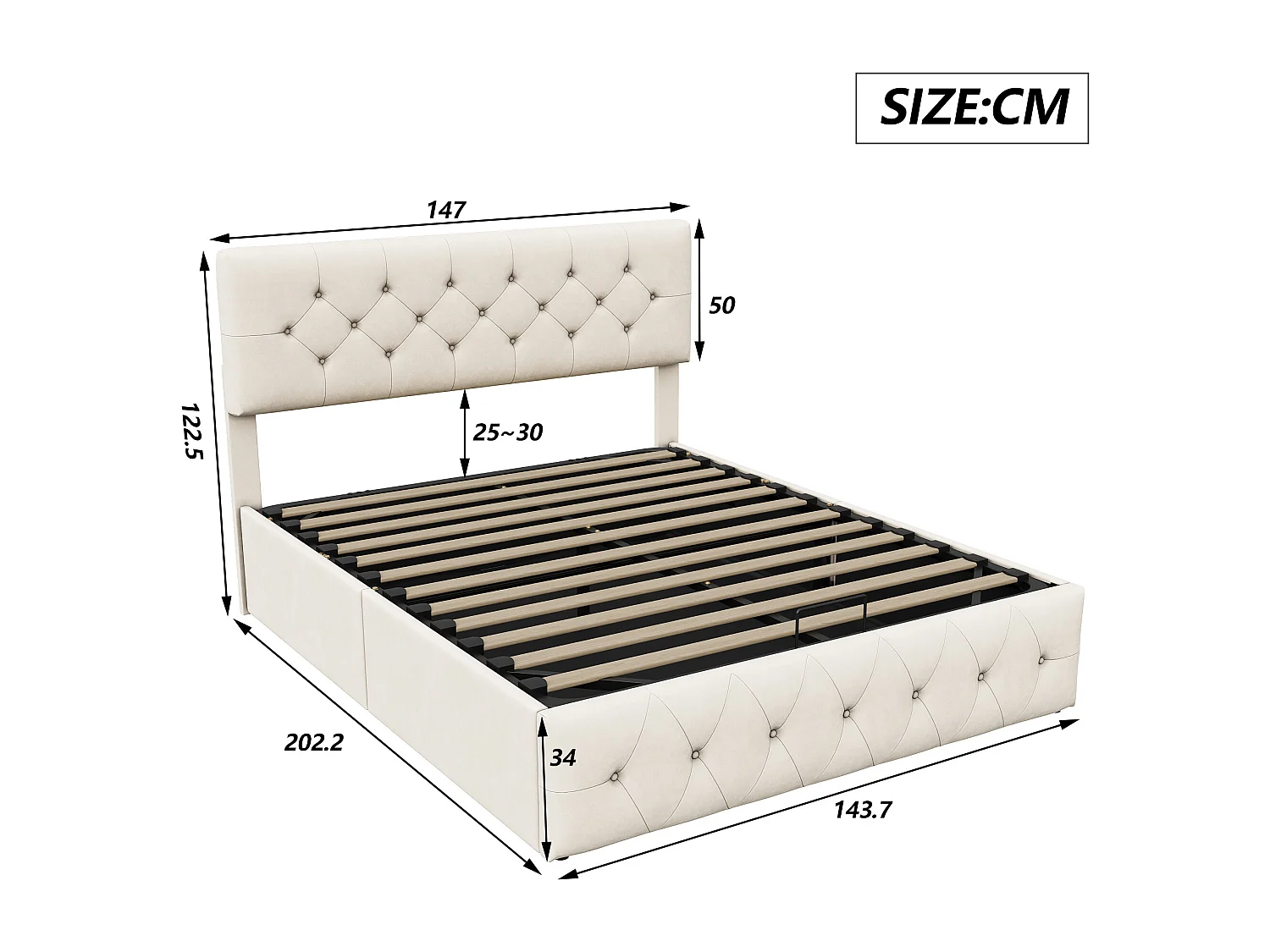 Lit coffre 140x190 - NEXU - Velours blanc cassé - Tête de lit réglable - Cadre de Lit avec Sommier à Lattes en Bois - 2 places