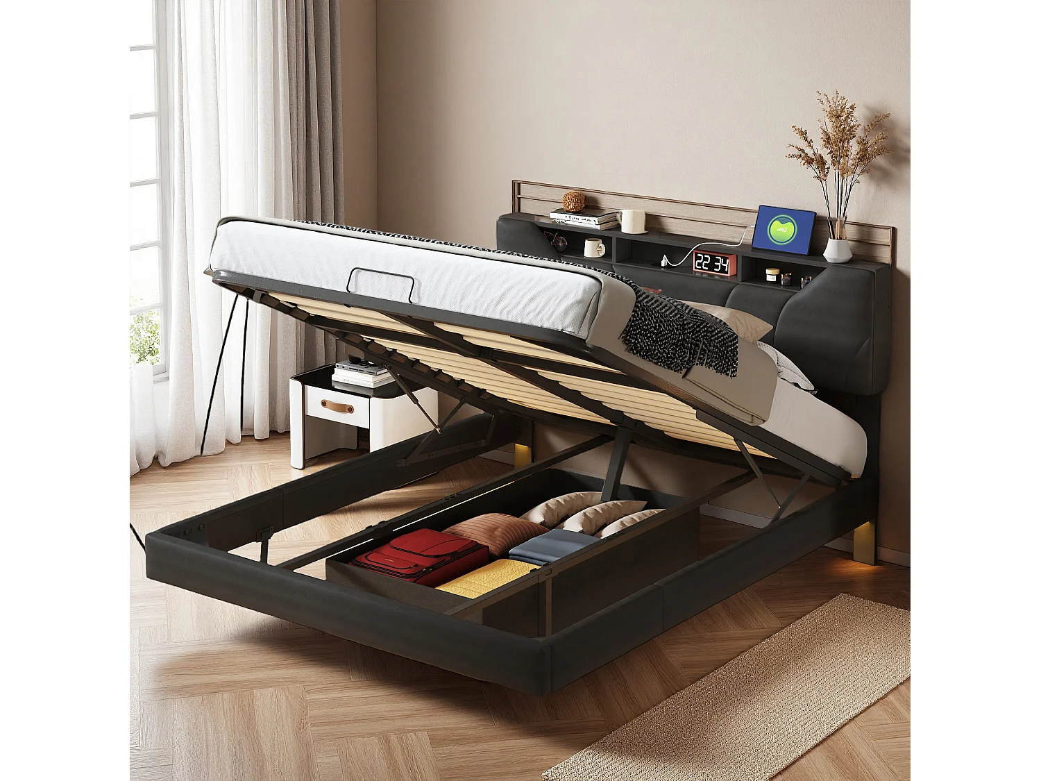 Lit coffre 160x200 cm, LED réglable, Port USB, hydraulique, lit double, lit flottant, cadre de lit adulte 160x200 cm, PU, noir