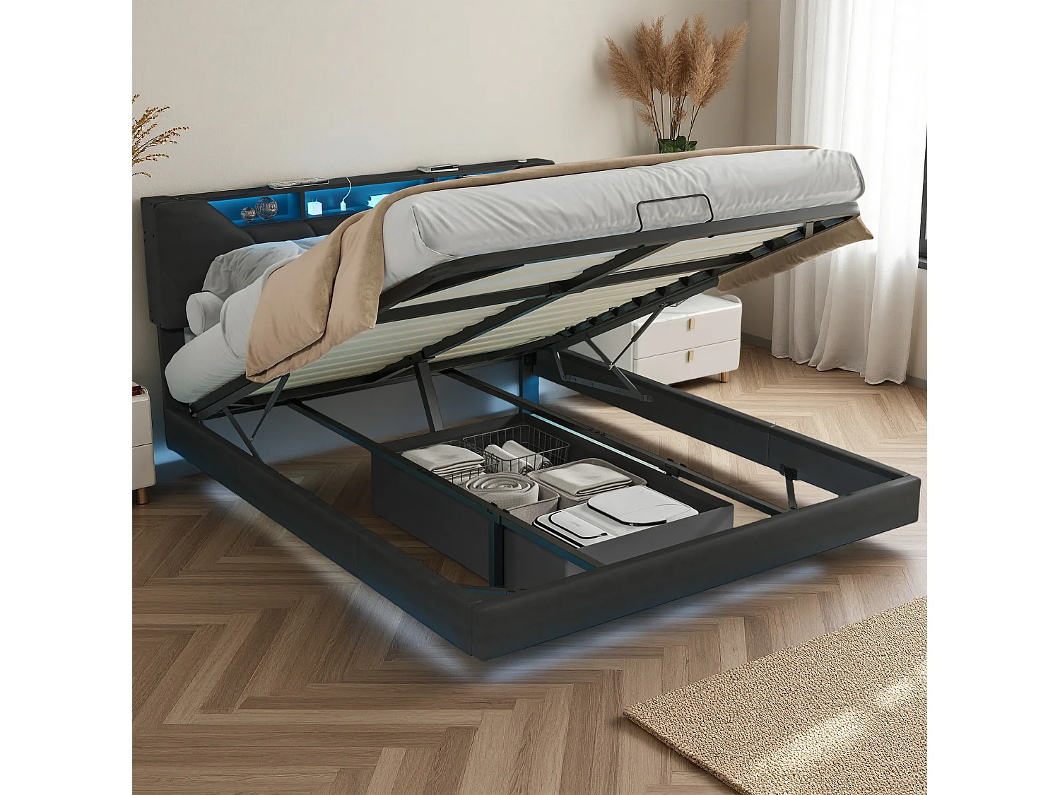 Lit coffre 160x200 cm, LED réglable, Port USB, hydraulique, lit double, lit flottant, cadre de lit adulte 160x200 cm, PU, noir