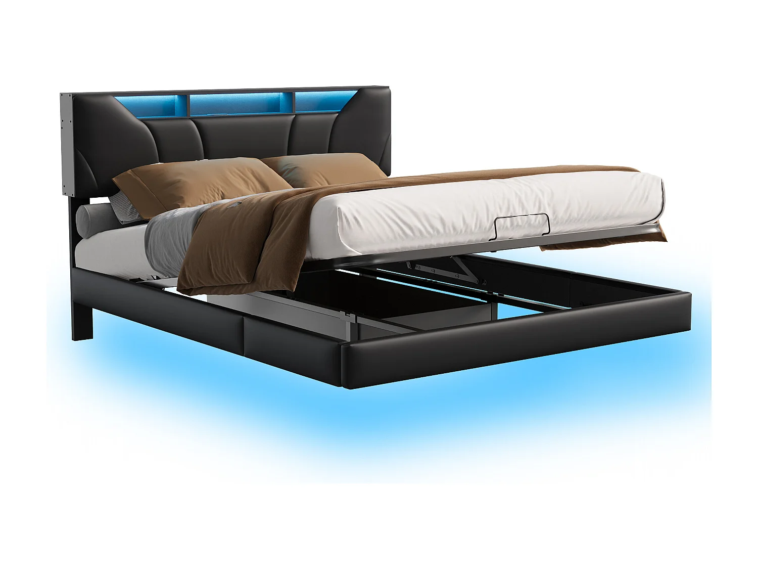 Lit coffre 160x200 cm, LED réglable, Port USB, hydraulique, lit double, lit flottant, cadre de lit adulte 160x200 cm, PU, noir
