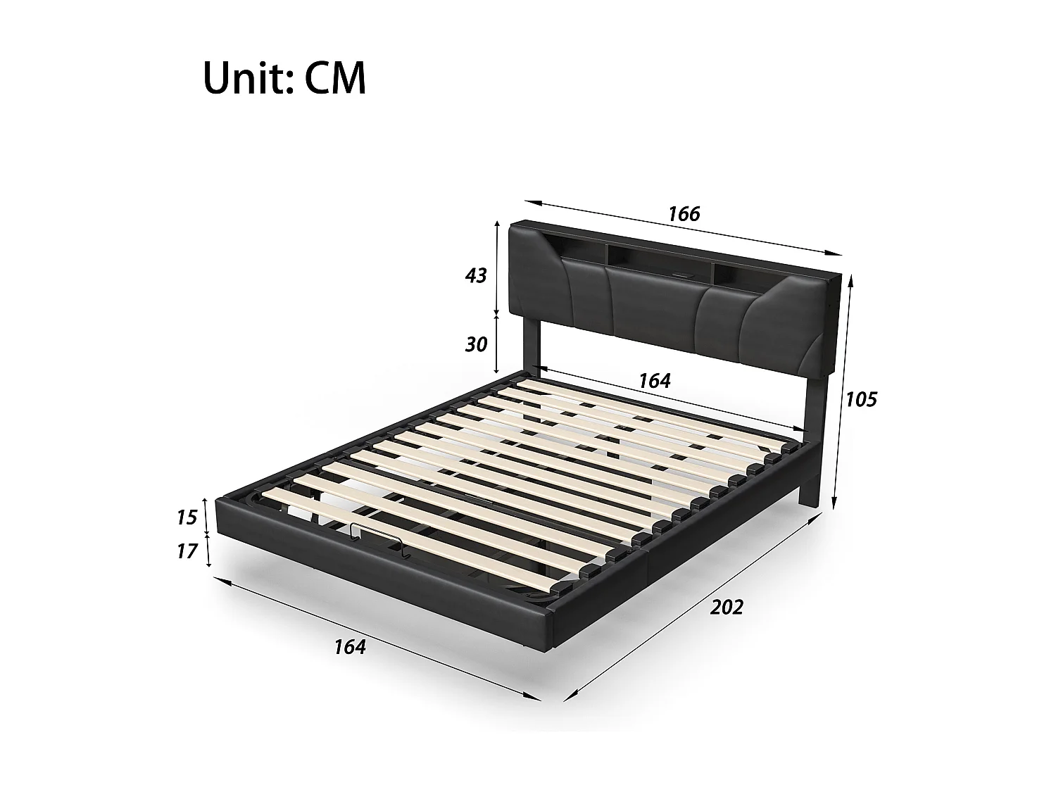 Lit coffre 160x200 cm, LED réglable, Port USB, hydraulique, lit double, lit flottant, cadre de lit adulte 160x200 cm, PU, noir