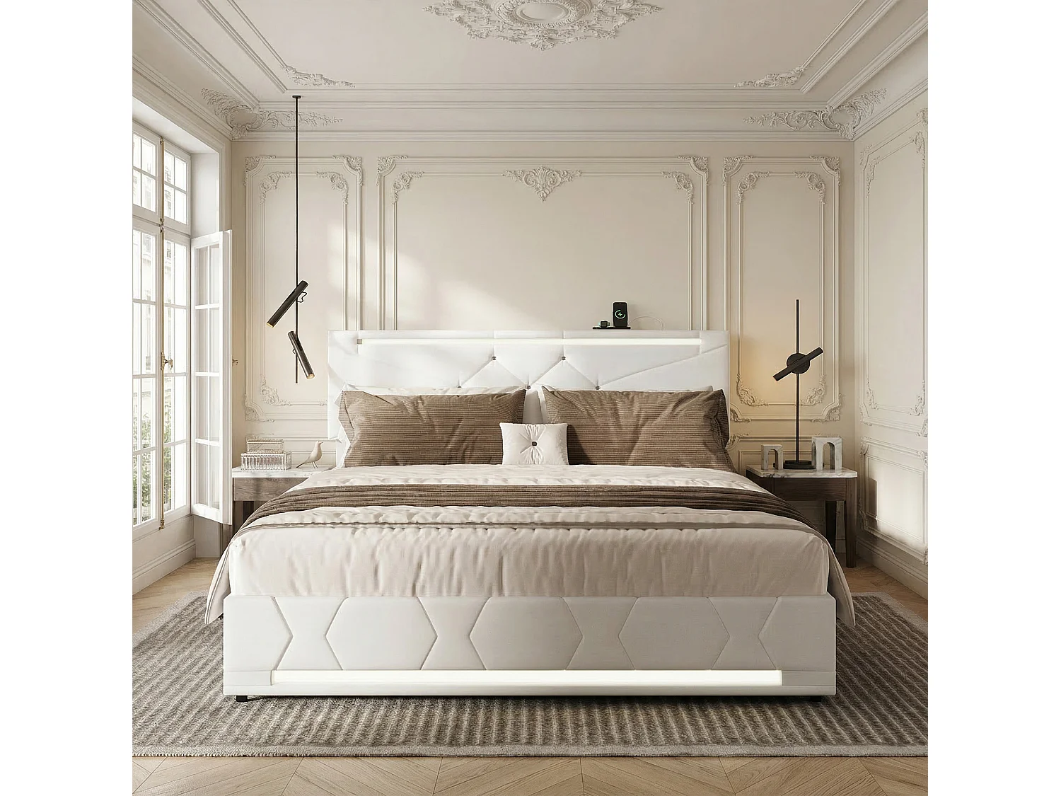 Lit Coffre 160 x 200 CM avec Sommier - LED et USB - Lit Double - Lit 160 x 200 avec Rangement sous le lit