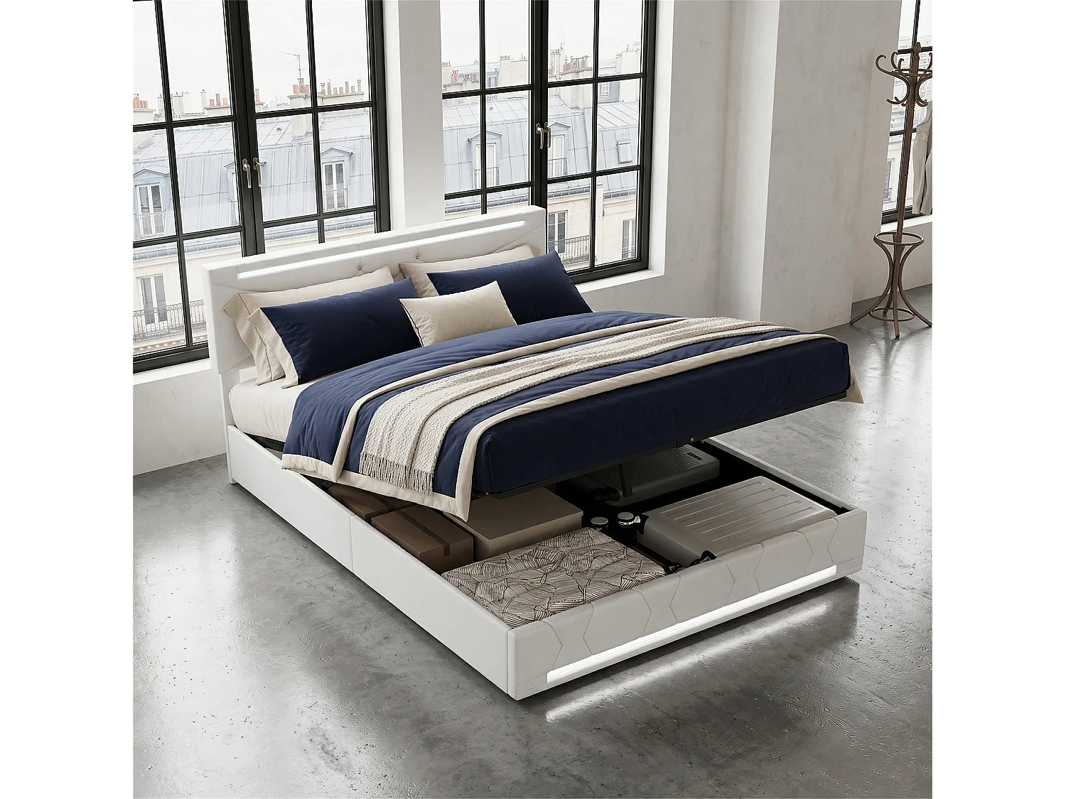 Lit Coffre 160 x 200 CM avec Sommier - LED et USB - Lit Double - Lit 160 x 200 avec Rangement sous le lit