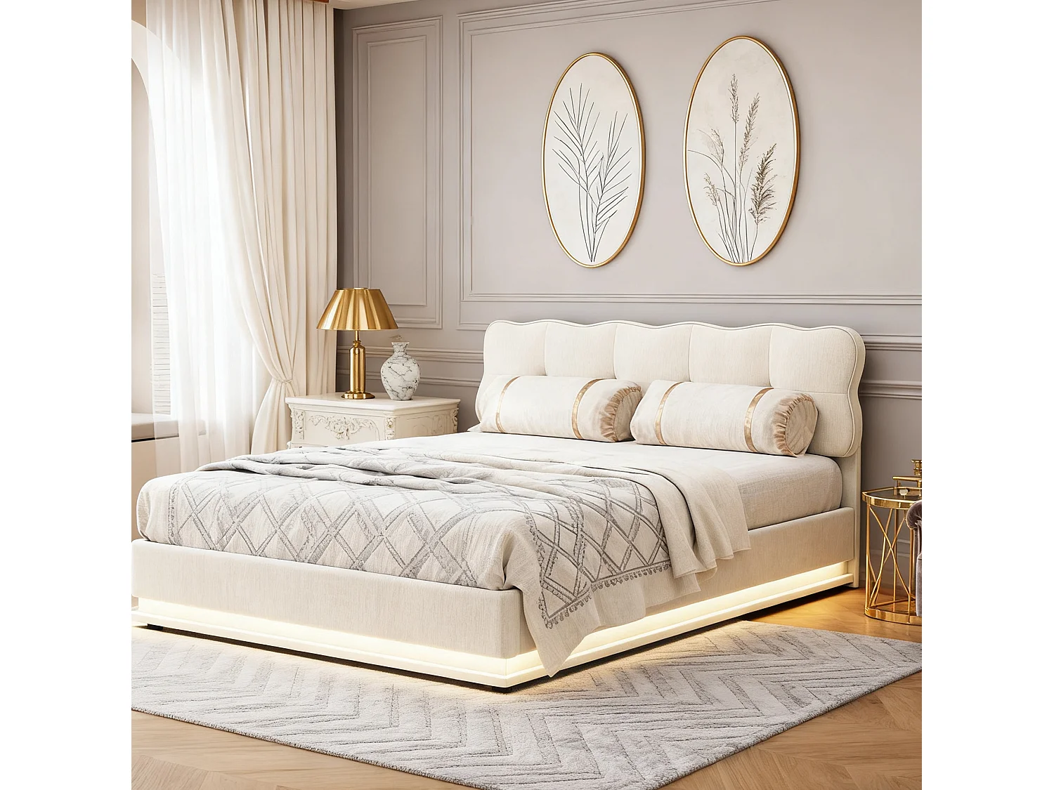 Cadre de lit 140x190 cm, LED, hydraulique, avec Sommier à Lattes, lit double, Velours, Beige
