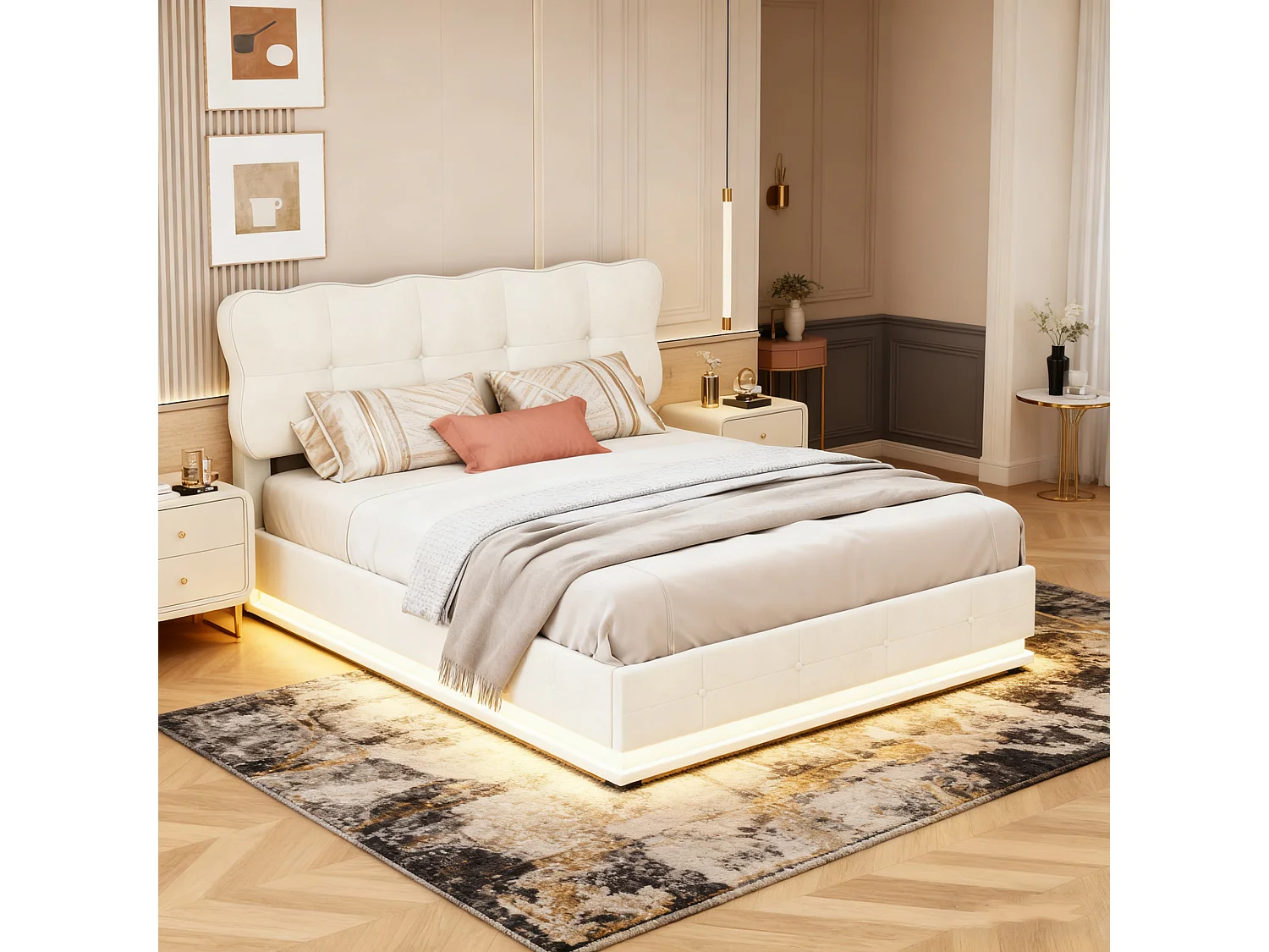 Cadre de lit 140x190 cm, LED, hydraulique, avec Sommier à Lattes, lit double, Velours, Beige