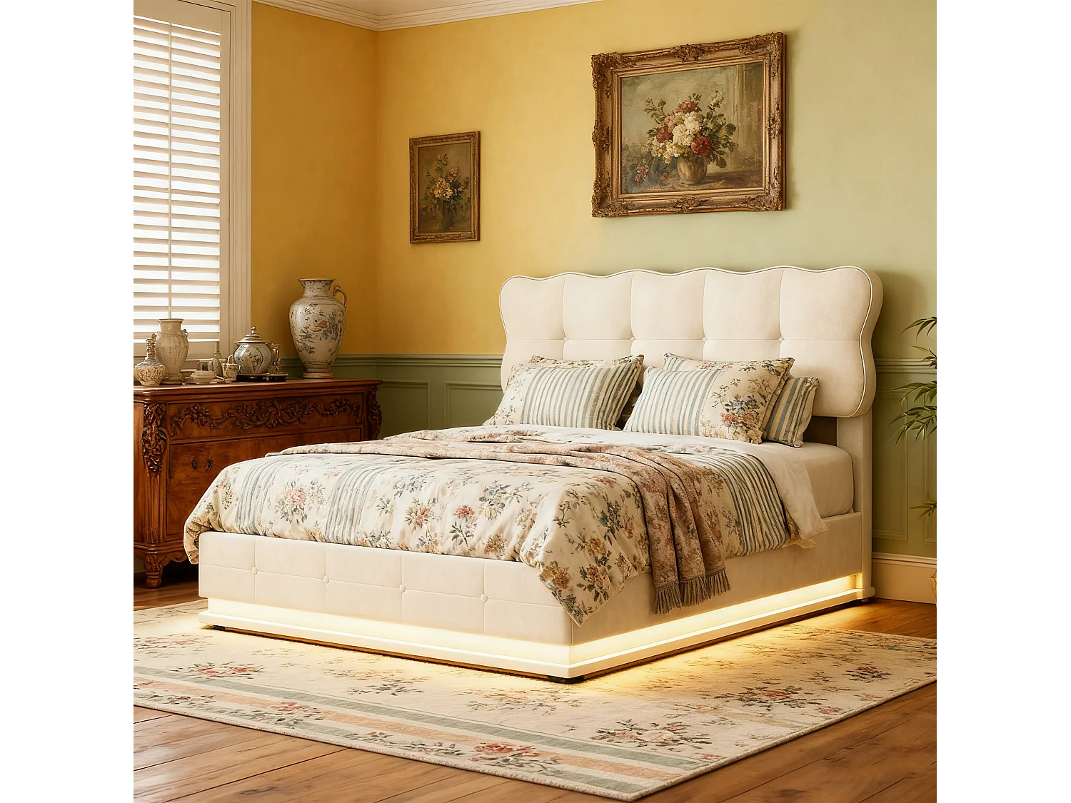 Cadre de lit 140x190 cm, LED, hydraulique, avec Sommier à Lattes, lit double, Velours, Beige