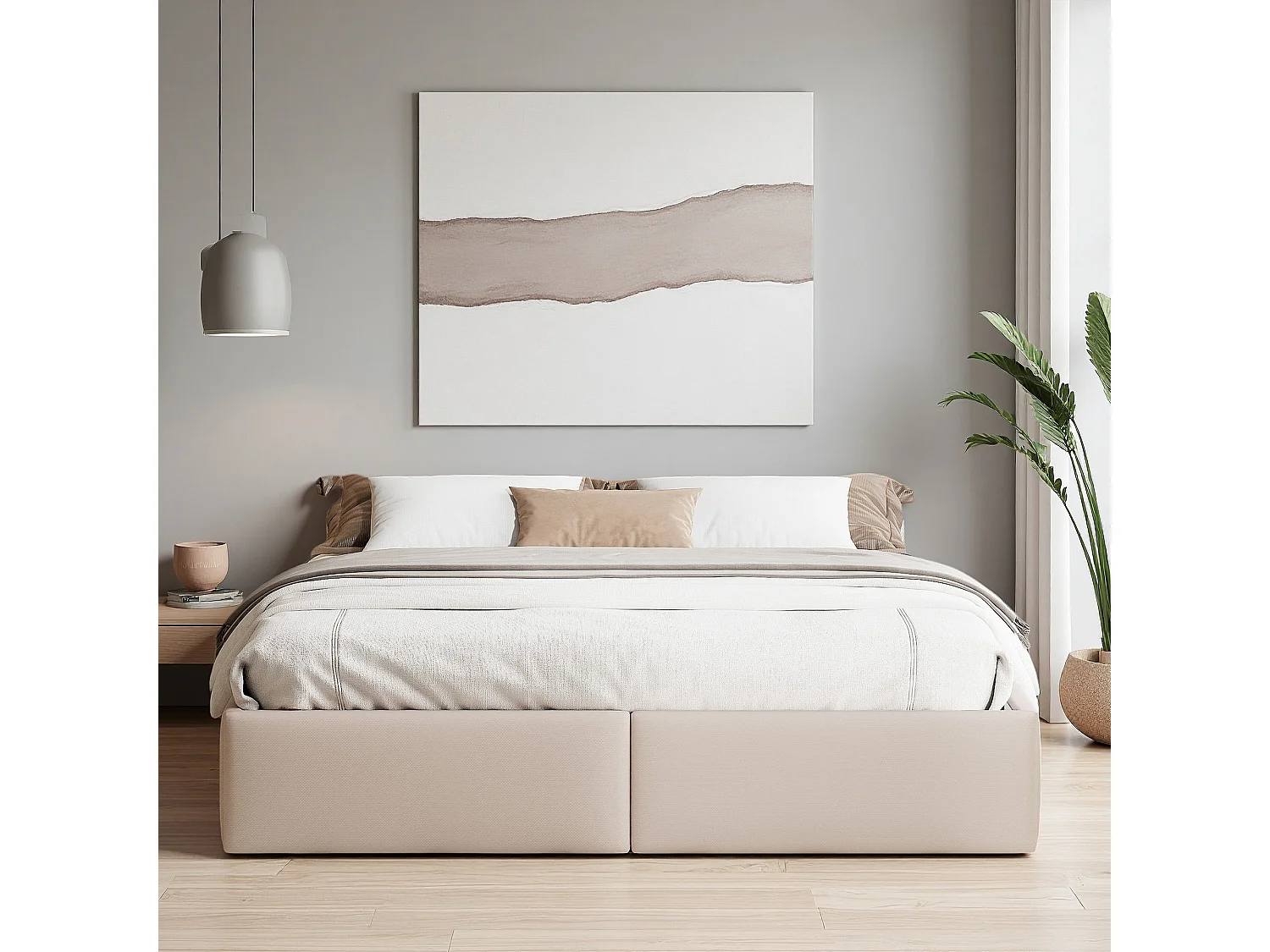 Lit coffre 160x200 cm - NEXU - hydraulique - Contemporain - Lin - cadre de lit 160x200 cm - 280 kg - Beige