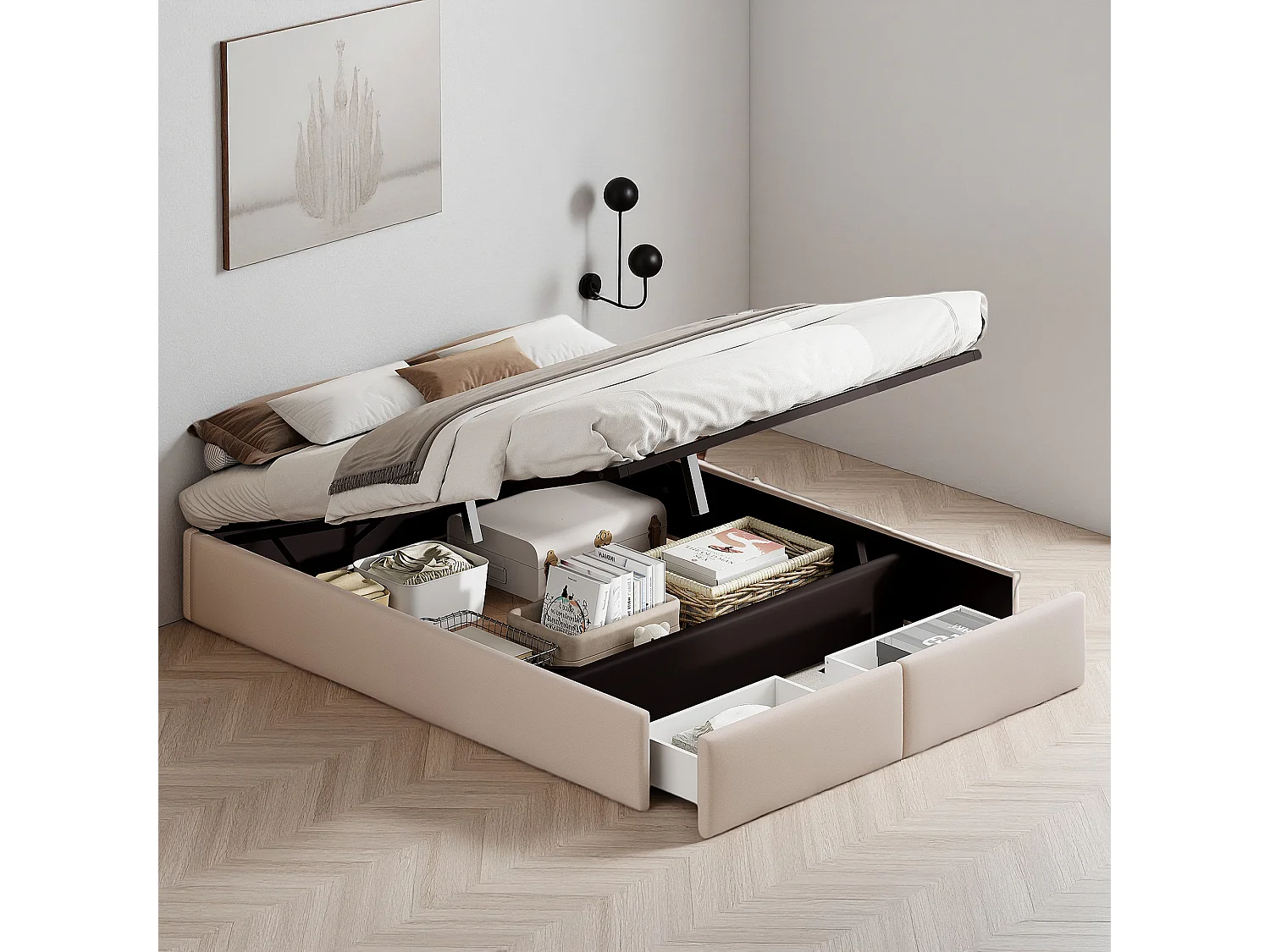 Lit coffre 160x200 cm - NEXU - hydraulique - Contemporain - Lin - cadre de lit 160x200 cm - 280 kg - Beige