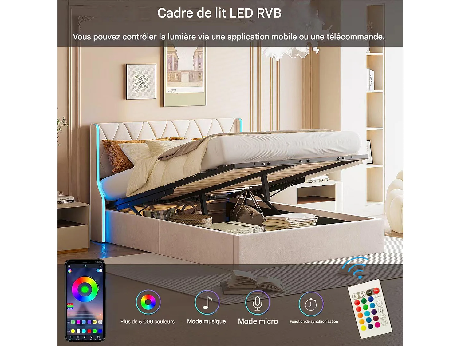 Lit Coffre 160 x 200 CM avec Sommier-NEXU-Lit Double Rangement avec LED-Lit Hydraulique 160 x 200 avec Rangement sous le lit
