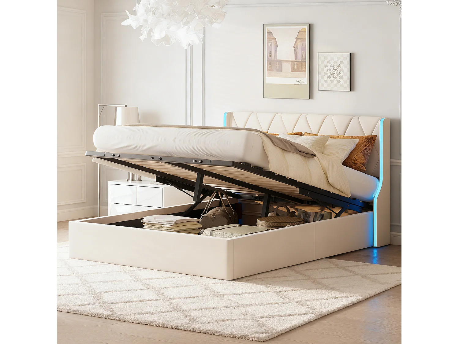 Lit Coffre 160 x 200 CM avec Sommier-NEXU-Lit Double Rangement avec LED-Lit Hydraulique 160 x 200 avec Rangement sous le lit