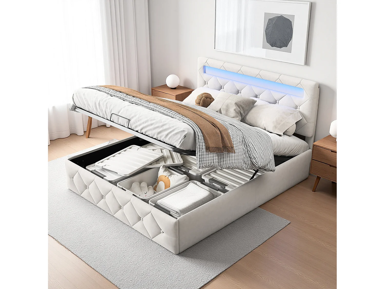 Lit coffre 140x200 cm, LED réglable, hydraulique, moderne, lit double, cadre de lit 140x200 cm, Velours, abricot