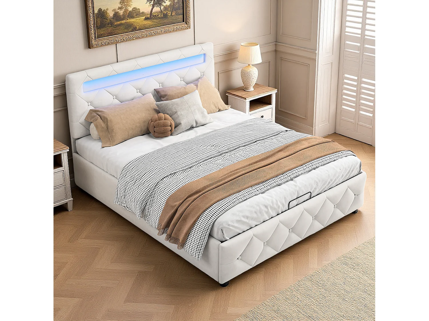 Lit coffre 140x200 cm, LED réglable, hydraulique, moderne, lit double, cadre de lit 140x200 cm, Velours, abricot