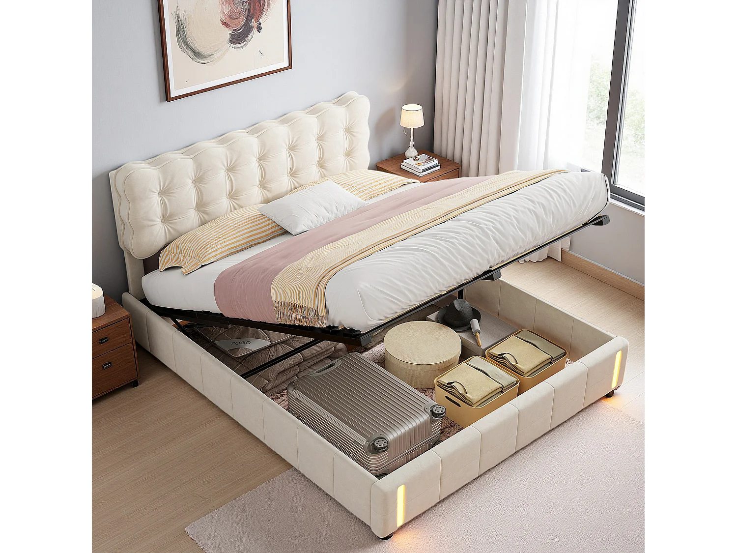 Lit coffre 140x190 cm, LED, simplicité moderne, lit adulte, cadre de lit double 140x190 cm, velours, beige