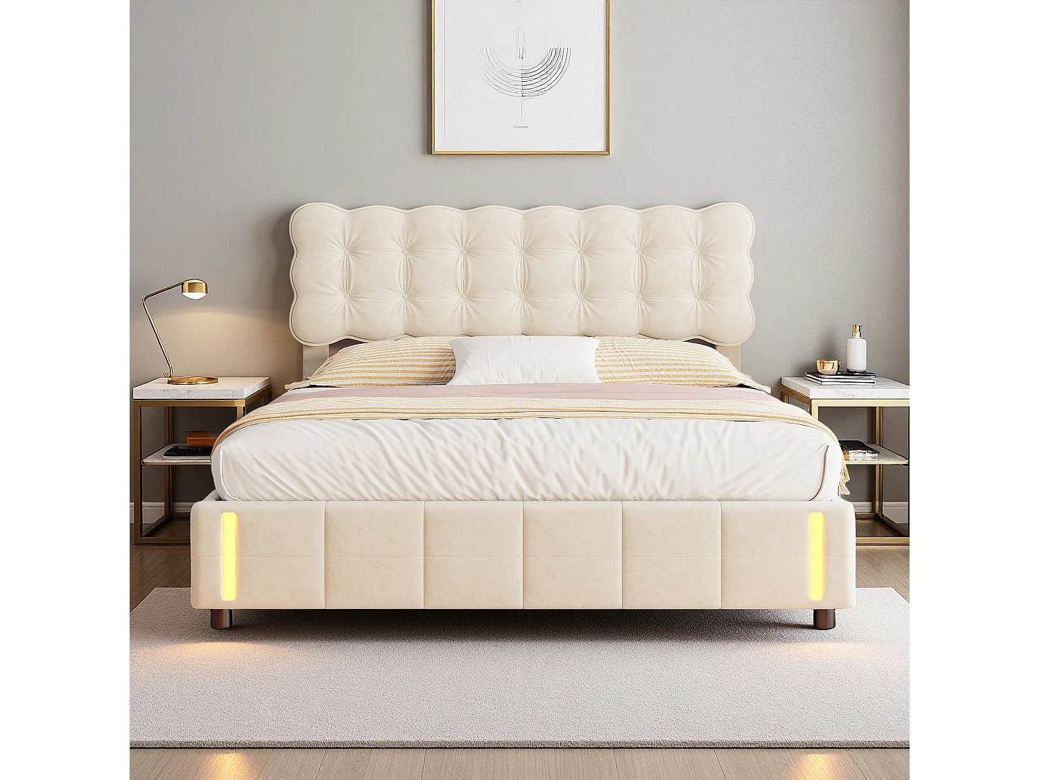 Lit coffre 140x190 cm, LED, simplicité moderne, lit adulte, cadre de lit double 140x190 cm, velours, beige