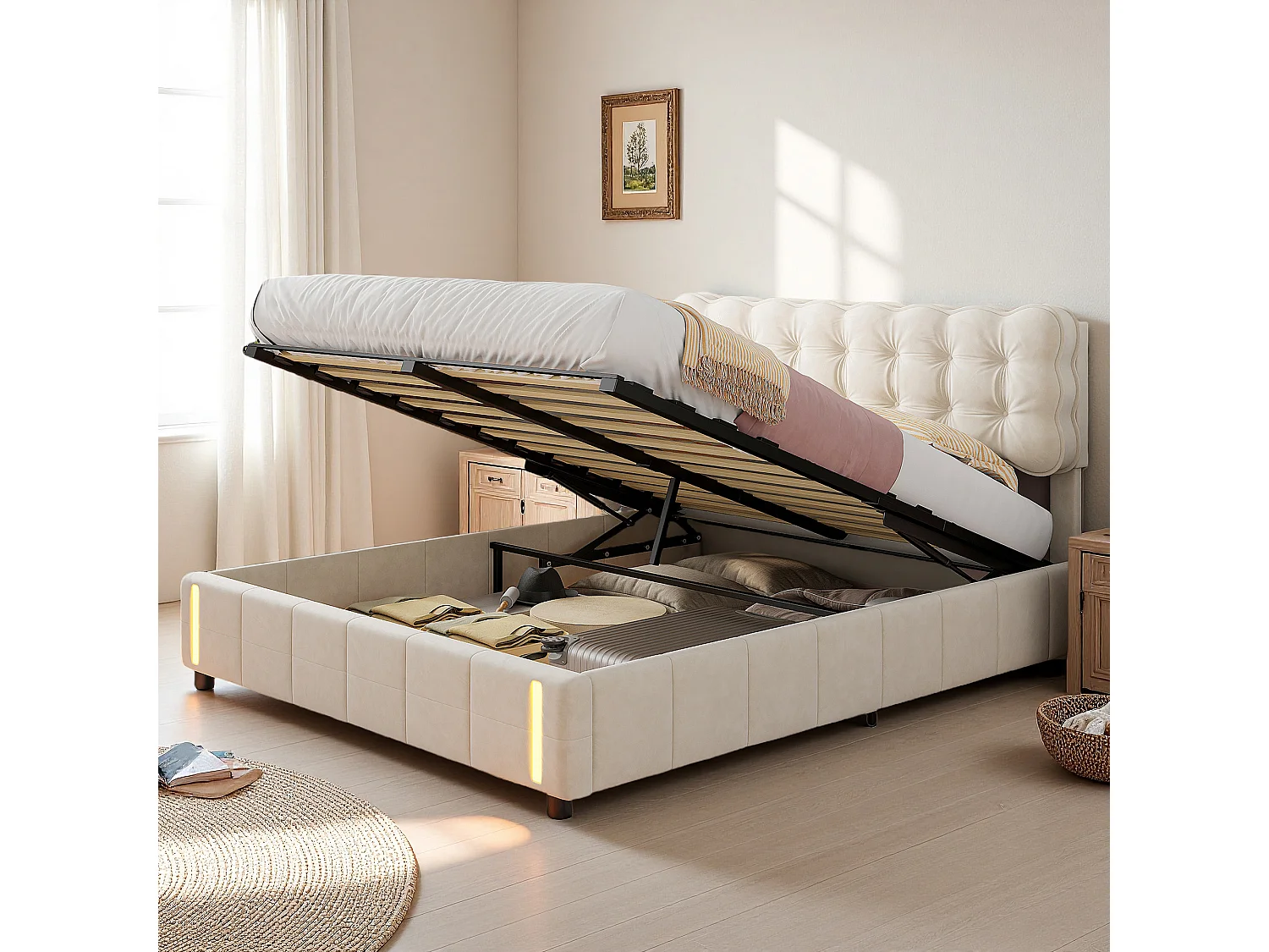 Lit coffre 140x190 cm, LED, simplicité moderne, lit adulte, cadre de lit double 140x190 cm, velours, beige
