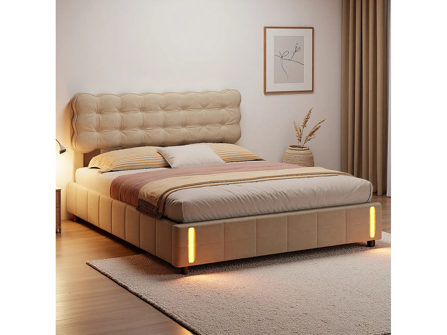 Lit coffre 140x190 cm, LED, simplicité moderne, lit adulte, cadre de lit double 140x190 cm, velours, beige