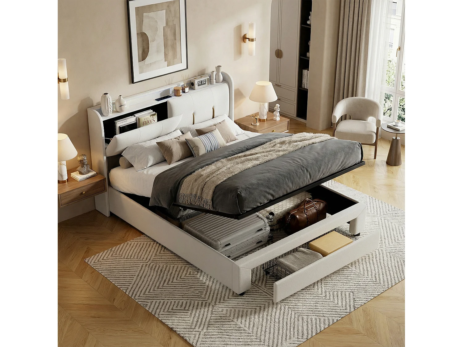 Lit Coffre 160 x 200 avec Sommier,Lit 2 Personnes avec USB et LED,lit 160x200 avec tiroir,Lit Rembourré Double Beige