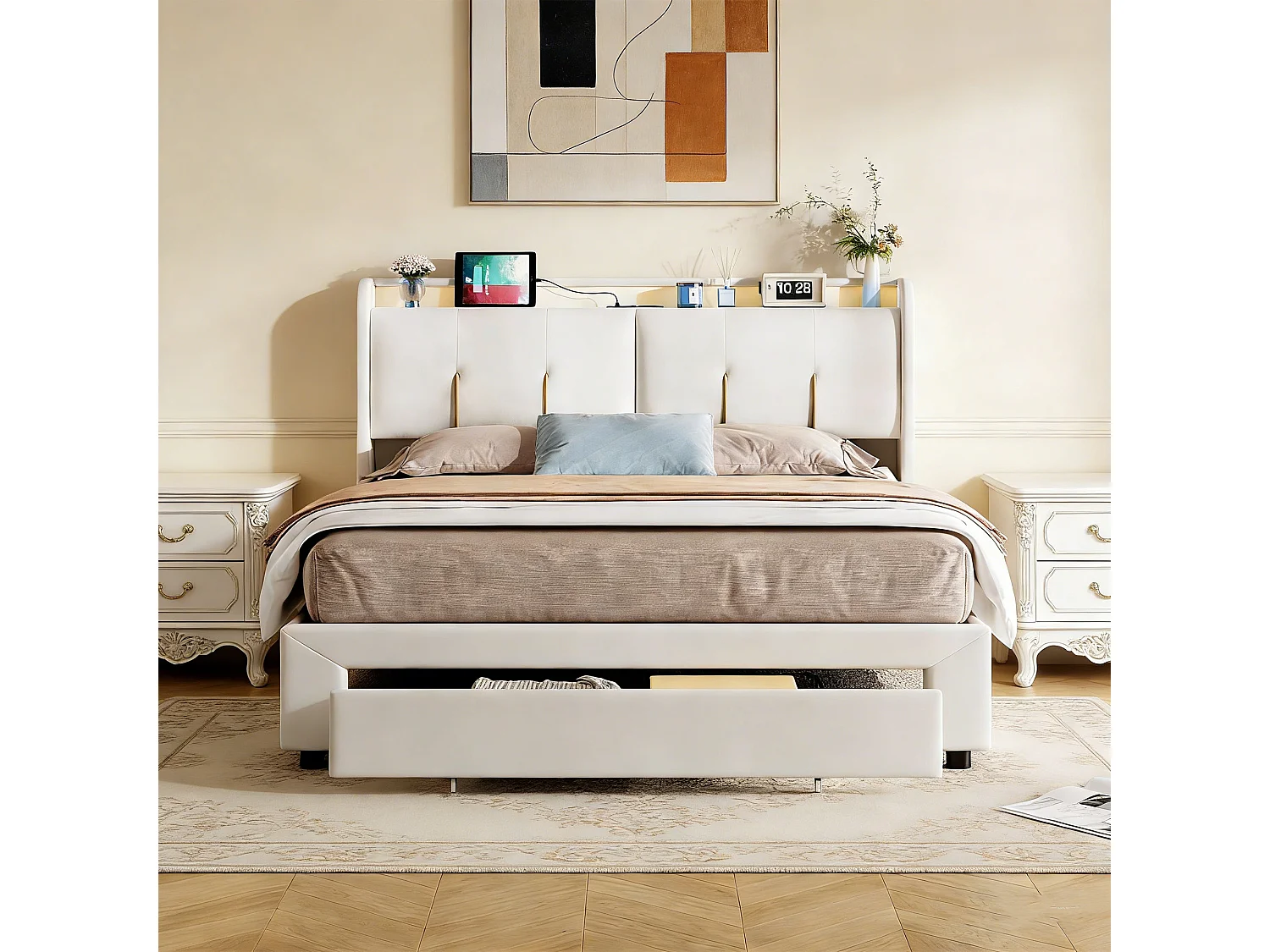Lit Coffre 160 x 200 avec Sommier,Lit 2 Personnes avec USB et LED,lit 160x200 avec tiroir,Lit Rembourré Double Beige