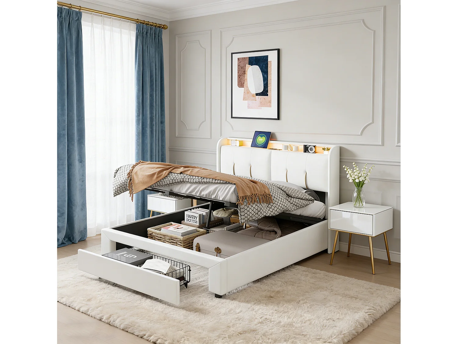Lit Coffre 160 x 200 avec Sommier,Lit 2 Personnes avec USB et LED,lit 160x200 avec tiroir,Lit Rembourré Double Beige