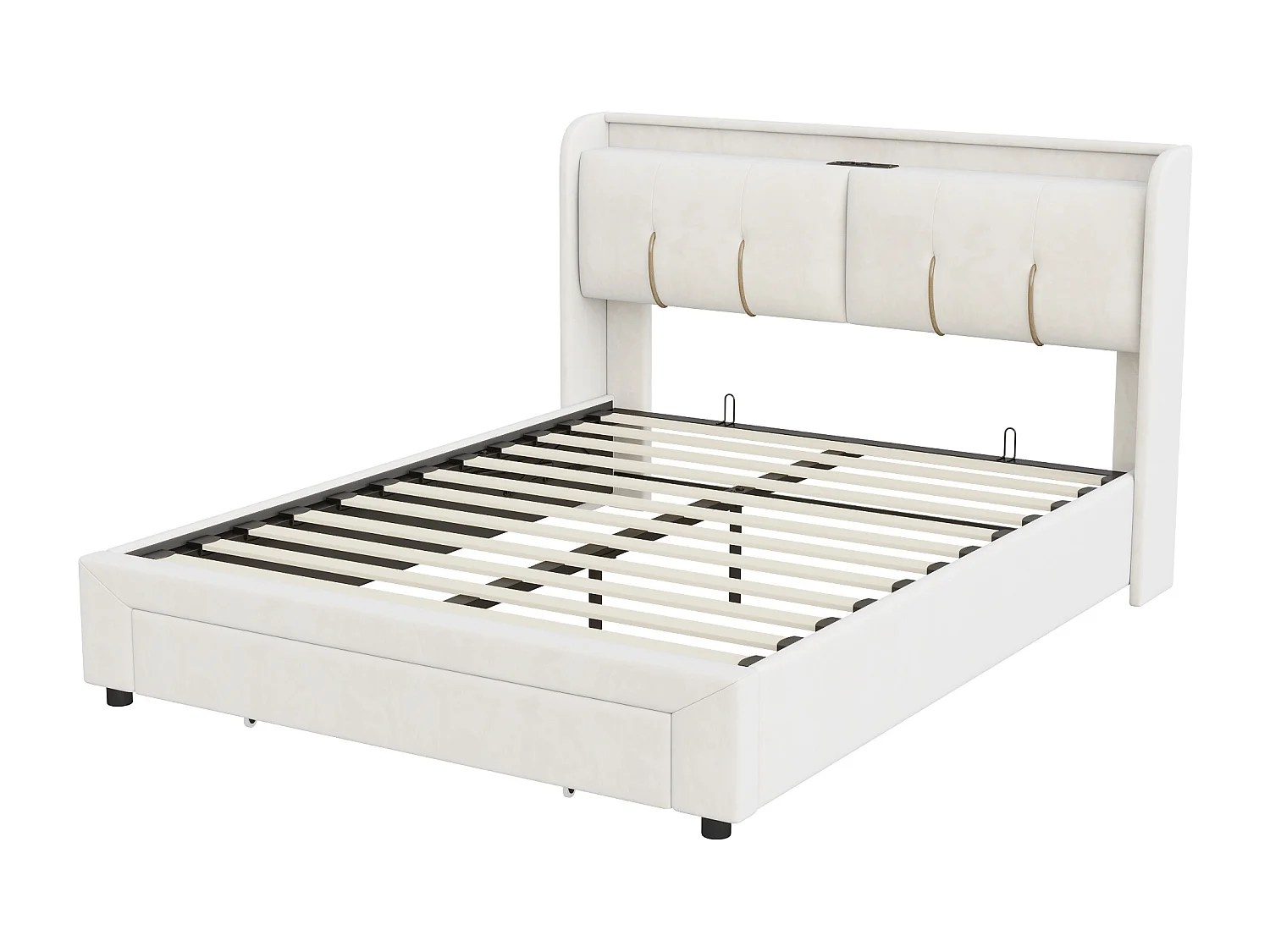 Lit Coffre 160 x 200 avec Sommier,Lit 2 Personnes avec USB et LED,lit 160x200 avec tiroir,Lit Rembourré Double Beige