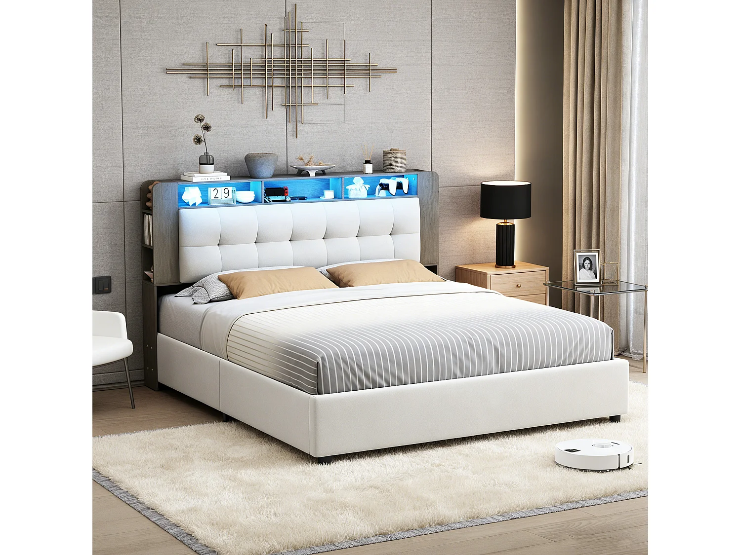 POCKETPOP Lit coffre 160x200 cm - Lit double - tissu velours - Fonction de recharge sans fil et LED - blanc cassé