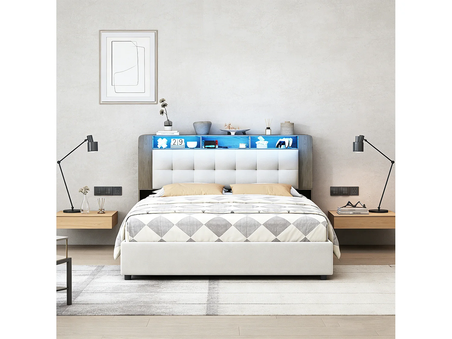 POCKETPOP Lit coffre 160x200 cm - Lit double - tissu velours - Fonction de recharge sans fil et LED - blanc cassé