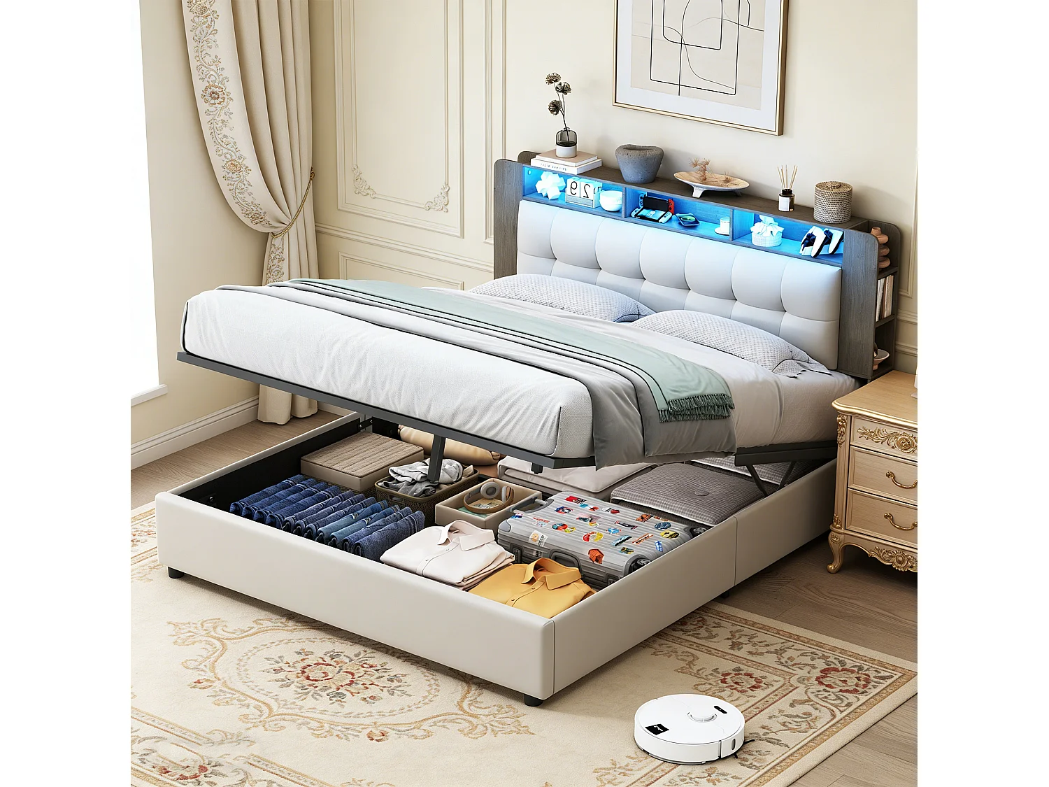 POCKETPOP Lit coffre 160x200 cm - Lit double - tissu velours - Fonction de recharge sans fil et LED - blanc cassé
